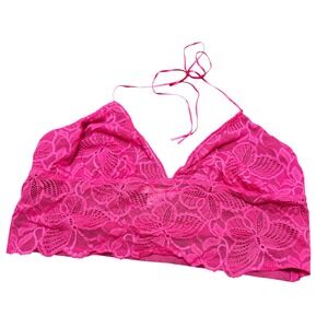 Victoria's Secret Neon Pink Lace Halter Bralette Bra Top Mesh Lingerie Size L
